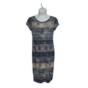 Women's Lg blue multi colored short sleeve knee length t-shirt dress w/lining